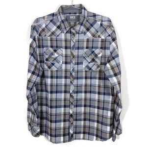 BKE Men's Athletic Fit Plaid Button Up Pearl Snap Shirt Blue/Brown Size XL